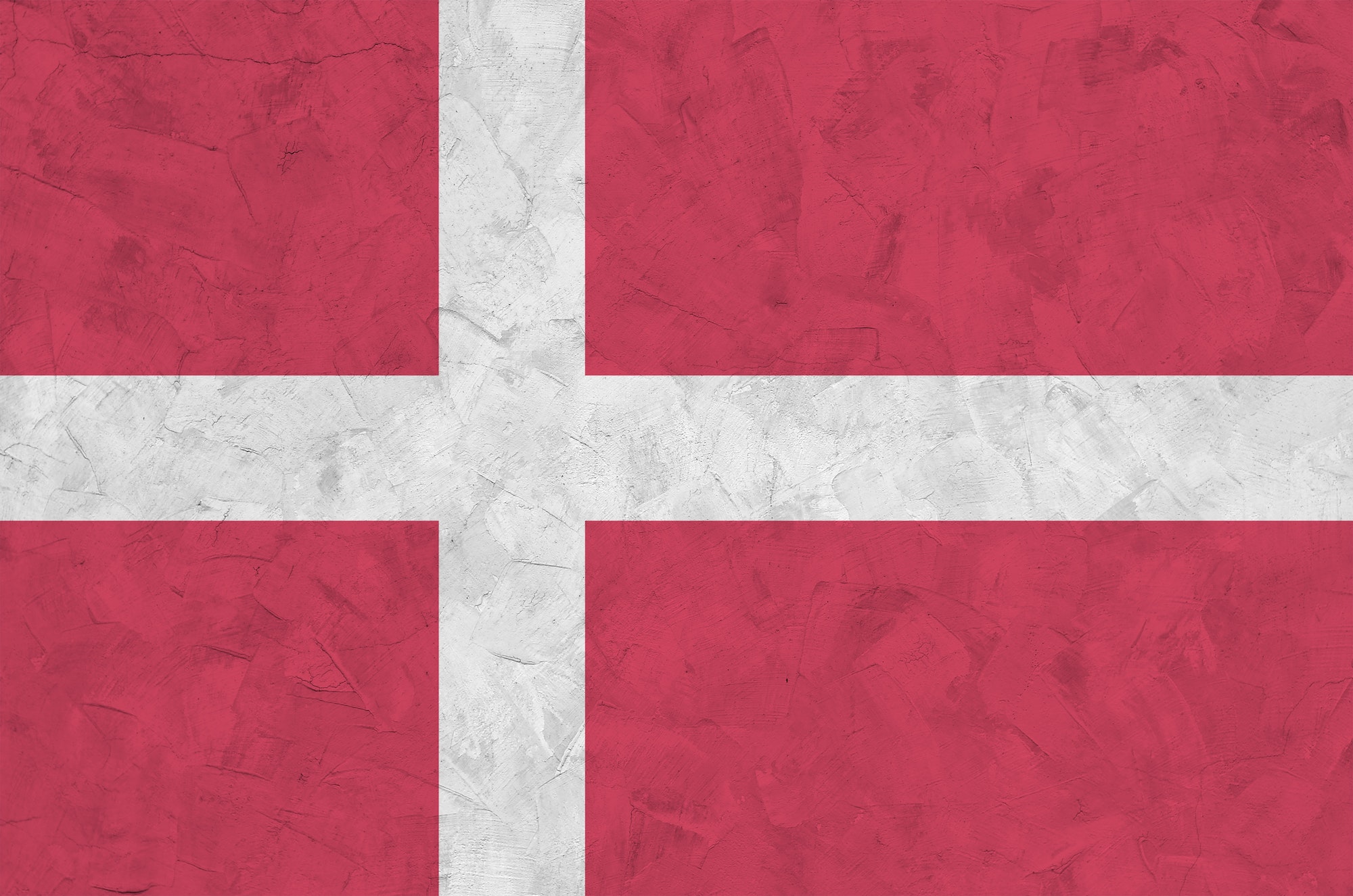 Denmark flag depicted in bright paint colors on old relief plastering wall close up