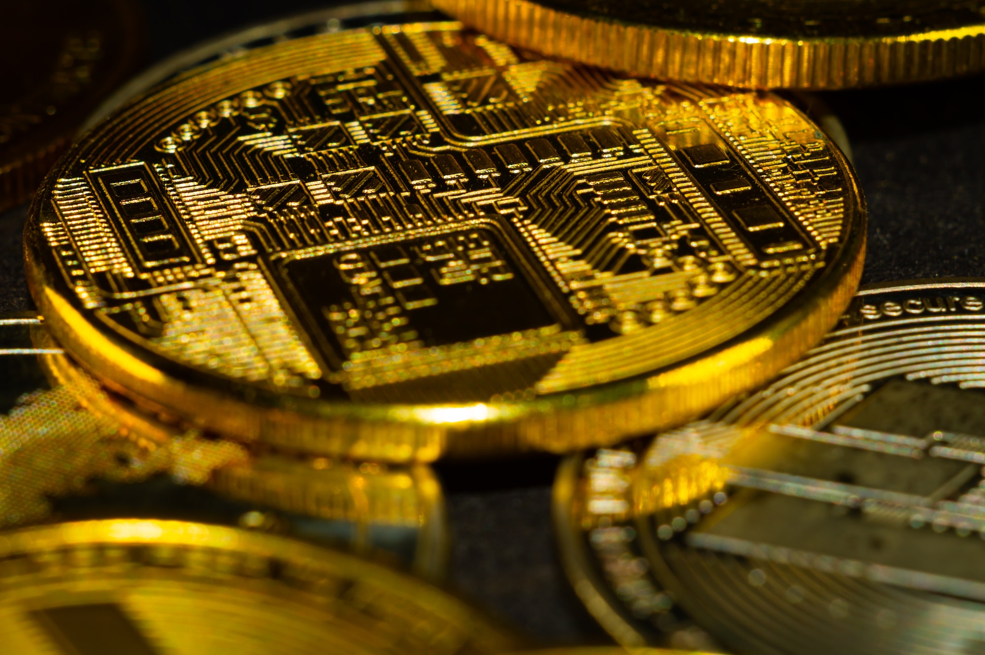 Closeup shot of bitcoins. Digital currency.