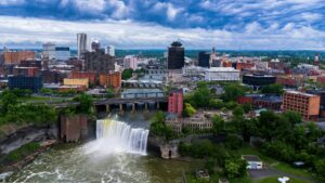 Aerial view of High Falls in Rochester, New York on a cloudy day