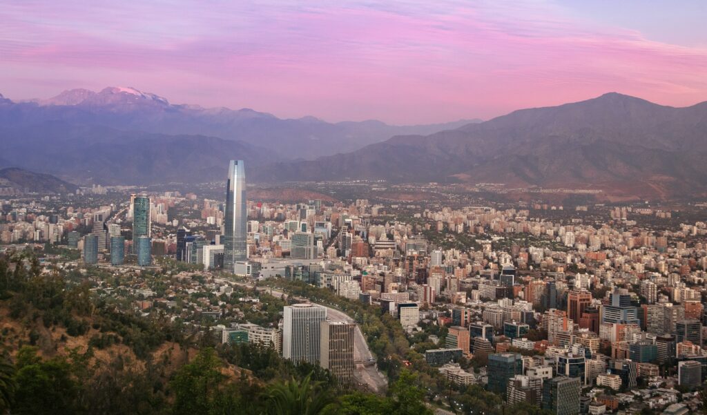 Aerial view of Santiago skyline at sunset with Costanera skyscraper - Santiago, Chile