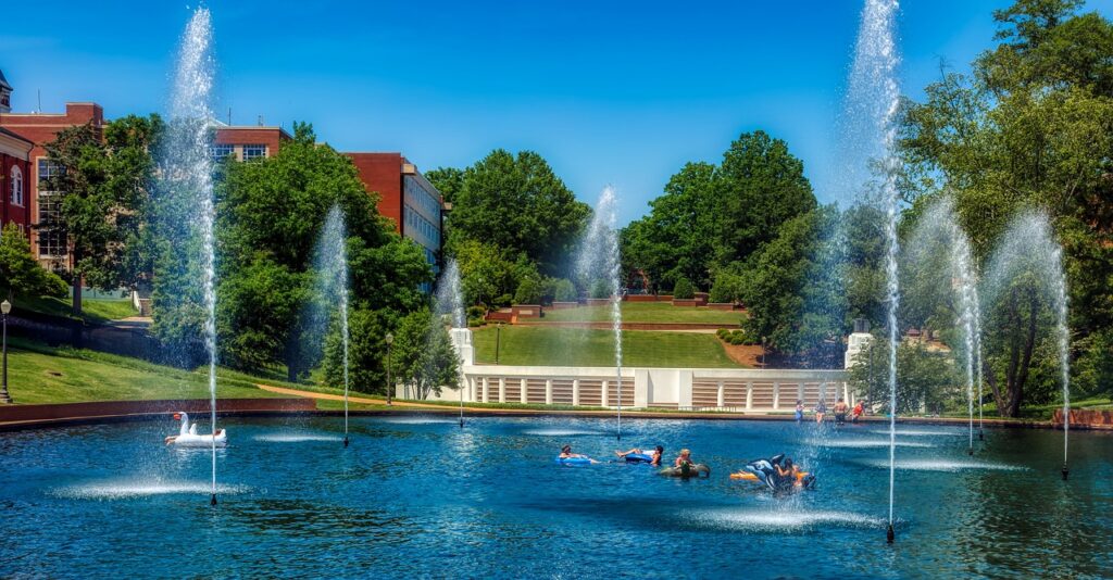 clemson university, pond, fountain