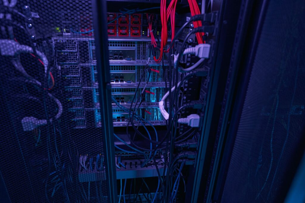 Photo of hardware in internet data center room