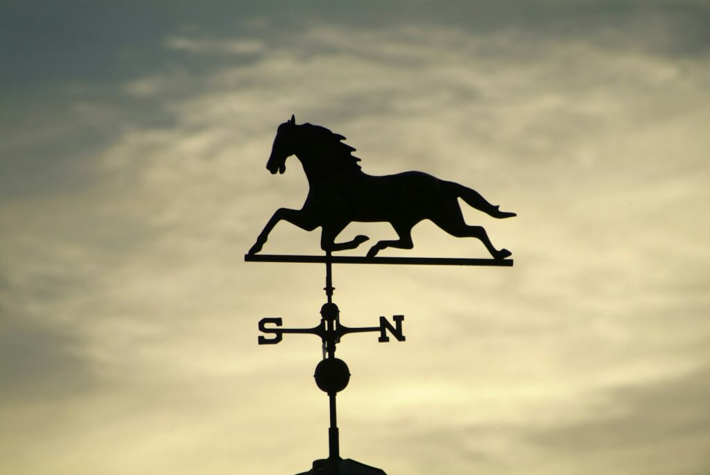 Closeup shot of a horse weather vane set against a sunset sky