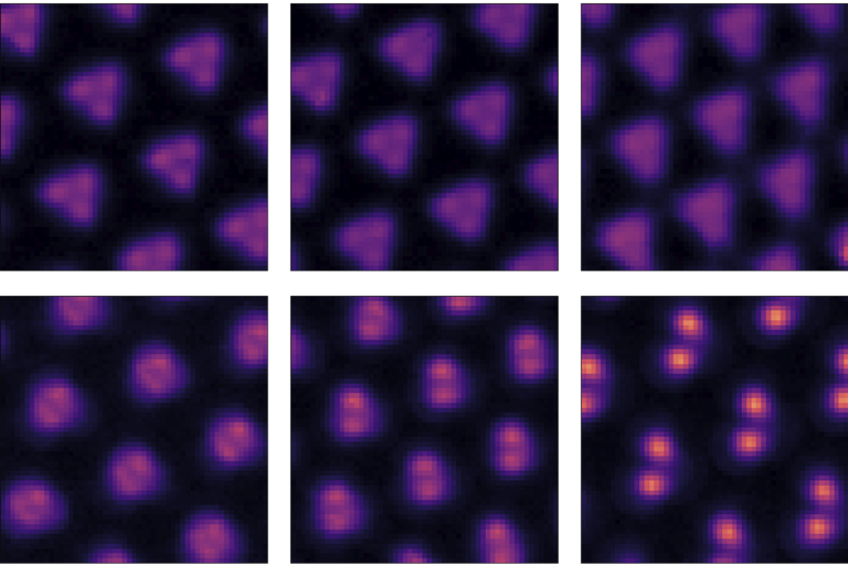 From top left: Scanning tunneling microscope images of electrons evolving into a single Wigner molecule (bottom right). Credit: Berkeley Lab
