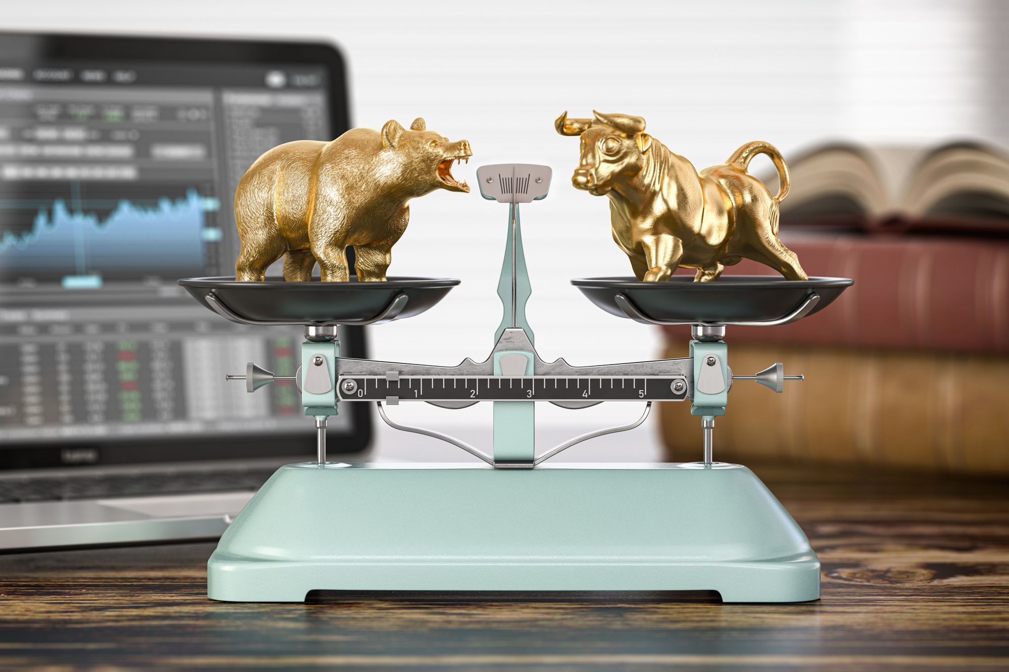 Bull and bear on a balance scales. Bearish or bullish market trends on stock exchange.