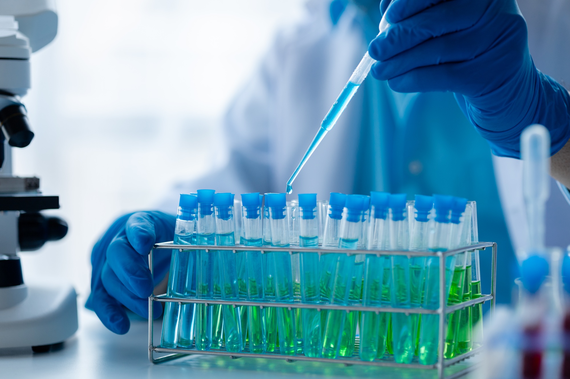 Lab assistant, a medical scientist, a chemistry researcher holds a glass tube through the blood samp