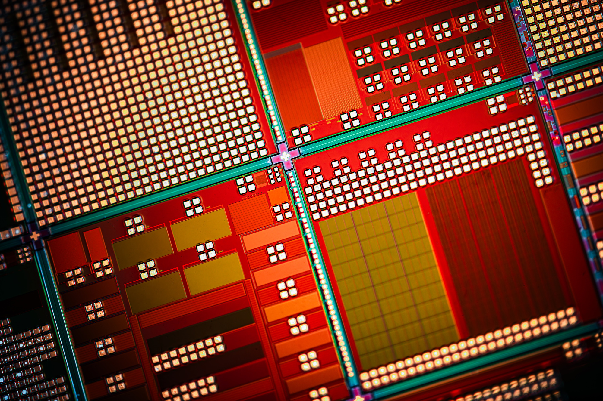 Silicon semiconductor wafer close-up.