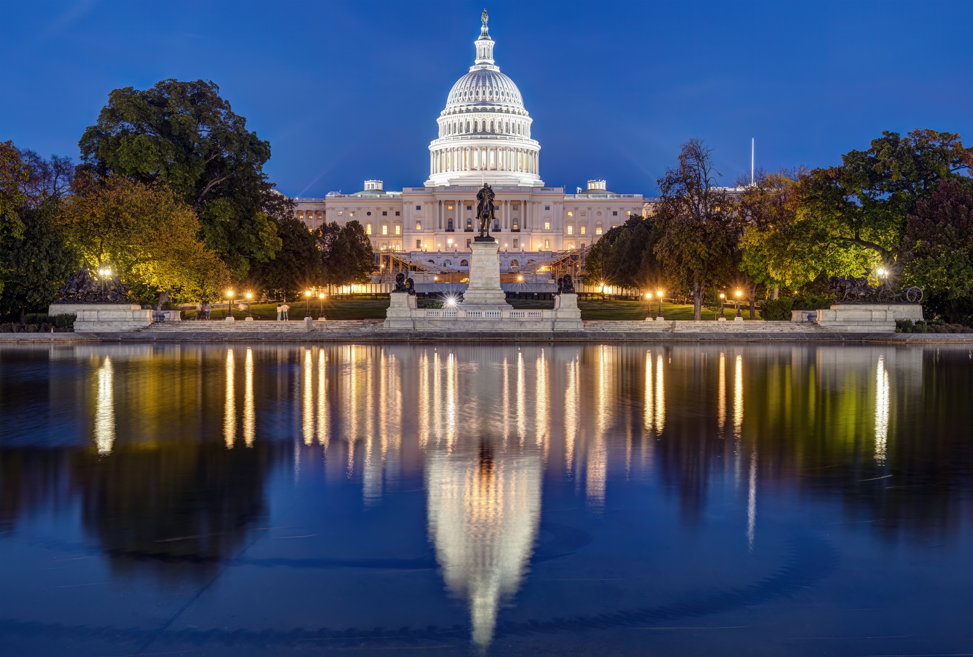 The famous illuminated United States Capitol in Washington DC at night