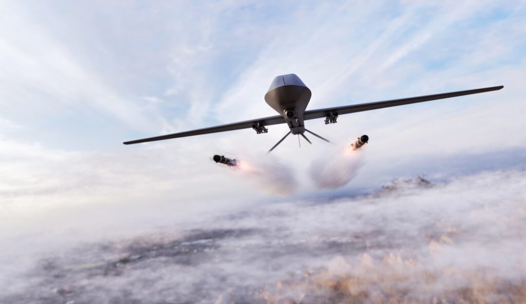 Military combat drone UAV launching missiles