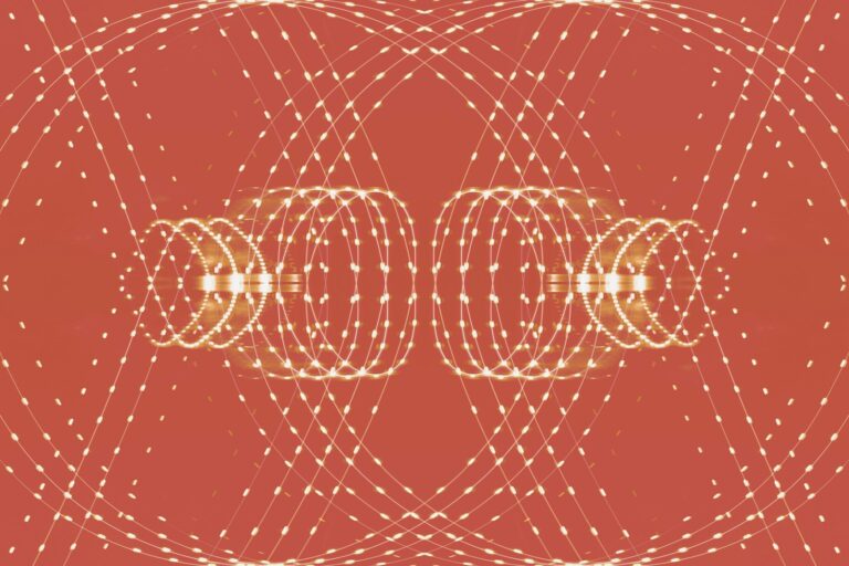 a red background with circles and dots
