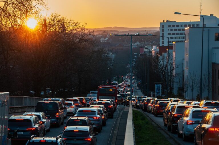 traffic, city, nature, traffic jam, cars, vehicles, highway, road, sunset, twilight
