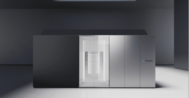 Quantum supercomputer built by Photonic Inc., showing rack-mounted photonic quantum hardware and control systems.