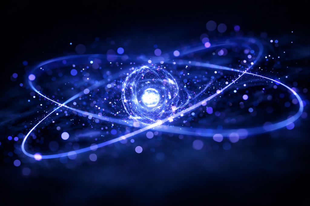 Abstract futuristic atomic structure rendered in glowing colors, representing quantum computing concepts.