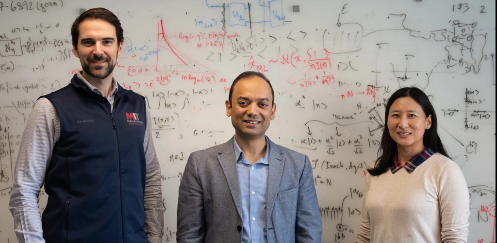 Three co-founders of Diffraqtion, from left to right: Johannes Galatsanos, Prof. Saikat Guha, and Christine Wang, posing for a group photo.