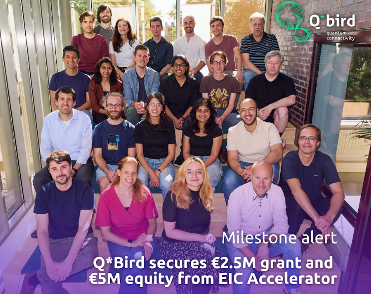 Q*Bird team pictured with EIC Accelerator funding announcement materials.