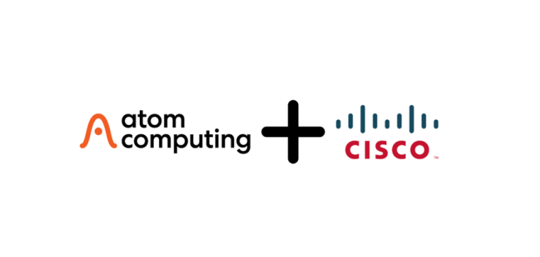 Atom computing and cisco logo on plain white background