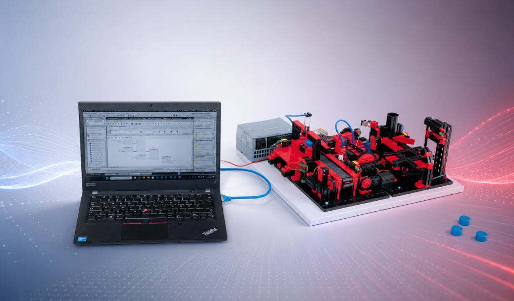 A fischertechnik factory model with artificial leaks in a pneumatic component provided real-world-inspired sensor data for evaluating Quantum Neural Networks in industrial anomaly detection scenarios.
