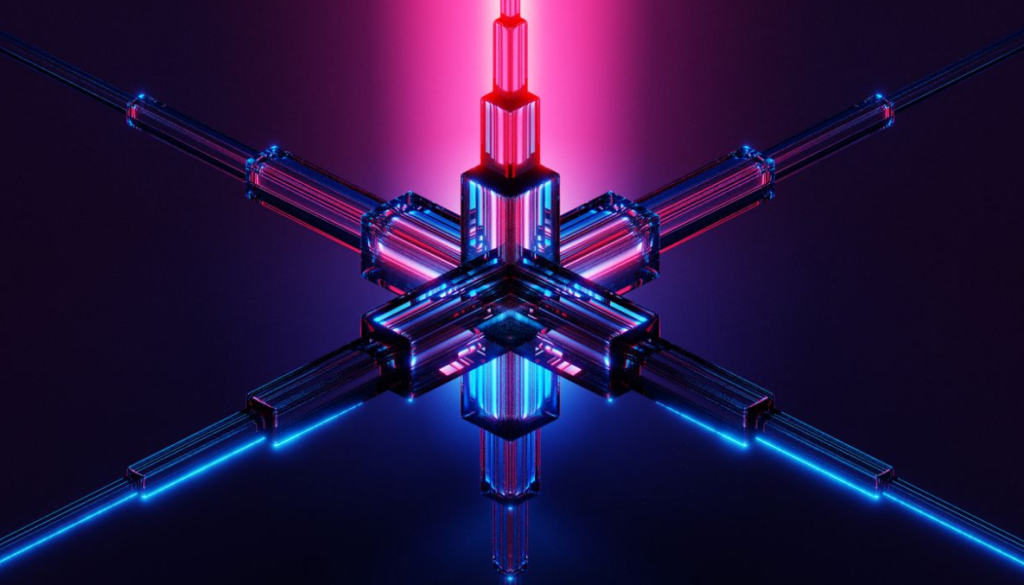 Vibrant geometric neon design featuring glowing futuristic light structures.