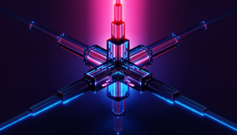 Vibrant geometric neon design featuring glowing futuristic light structures.