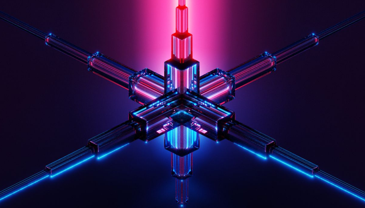 Vibrant geometric neon design featuring glowing futuristic light structures.