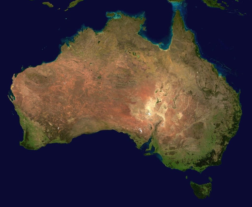 australia, continent, geography, nature, map, ocean, pacific ocean, satellite image