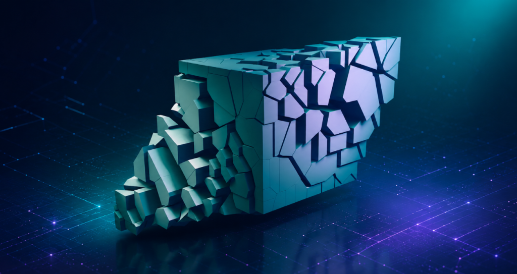 A digital artwork featuring a fragmented cube with a geometric design, rendered in a modern conceptual style - TQI