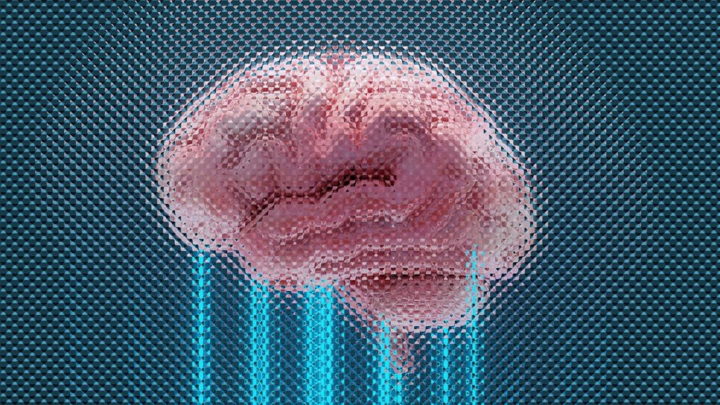 A brain displayed with glowing blue lines.