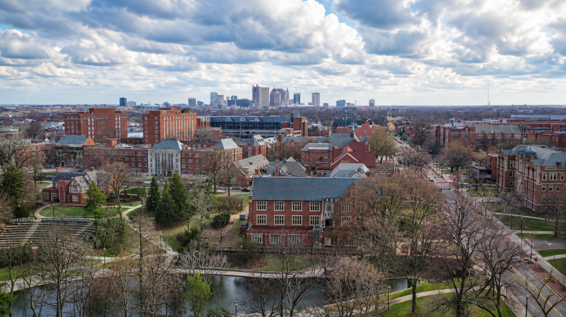Ohio State campus and the Columbus skyline in the background