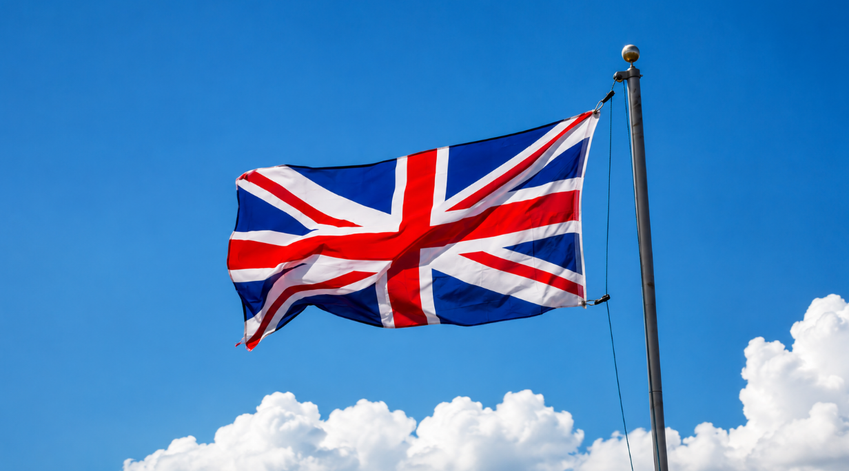 The Union Jack flag of the United Kingdom waving against a clear blue sky.