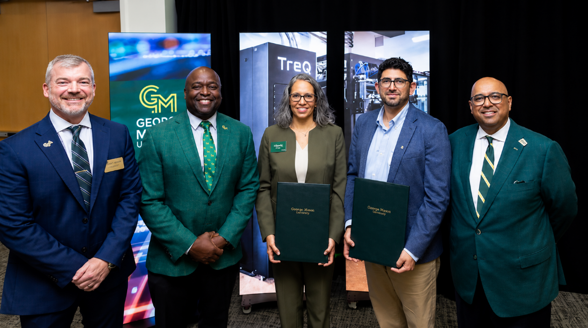 Dean Cody Edwards, President Gregory Washington, TreQ CEO Mandy Birch, QSEC Director Patrick Vora, and George Mason Rector Sumeet Shrivastava