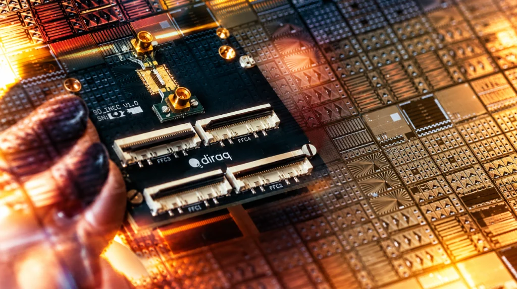 Photograph of Diraq's silicon spin qubit chip reflected in a foundry fabricated silicon wafer