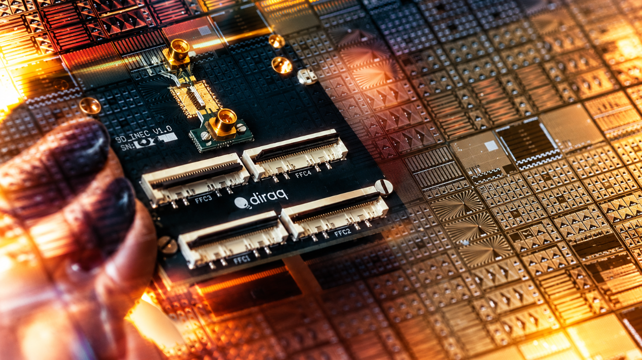 Photograph of Diraq's silicon spin qubit chip reflected in a foundry fabricated silicon wafer