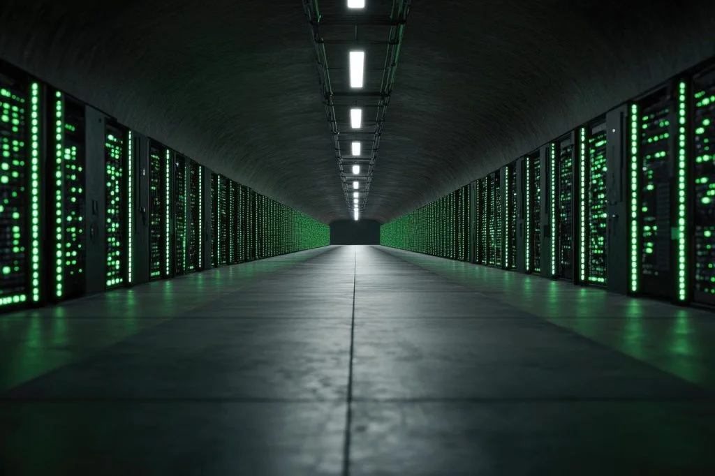 ai generated, data center, server, data, network storage, server room, network, technology, green, high-tech servers, computer, futuristic, storage, high-tech, lights