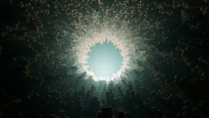 A dark tunnel of extruded rectangular blocks surrounding a bright central light source