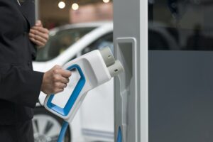 Electric vehicle charging, close-up