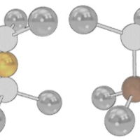 These diagrams of the NV (left) and SiV (right) show their atomic configuration inside the diamond lattice. In each case carbon atoms (silver) are displaced by vacancies (white with black outline) and defect atoms (Nitrogen in brown, Silicon in gold). Source: AWS Center for Quantum Networking.