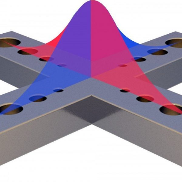 A design for the photonic structure that traps two photons. Photons travel in the horizontal direction, one into each arm of the cross. The holes are placed so that both photons are trapped in the center where the arms cross. The blue and red curves represent the intensity of the electric fields of the respective photons. The photons interact due to the nonlinearity of the crystal that forms the cross. (Courtesy Eric Proctor)